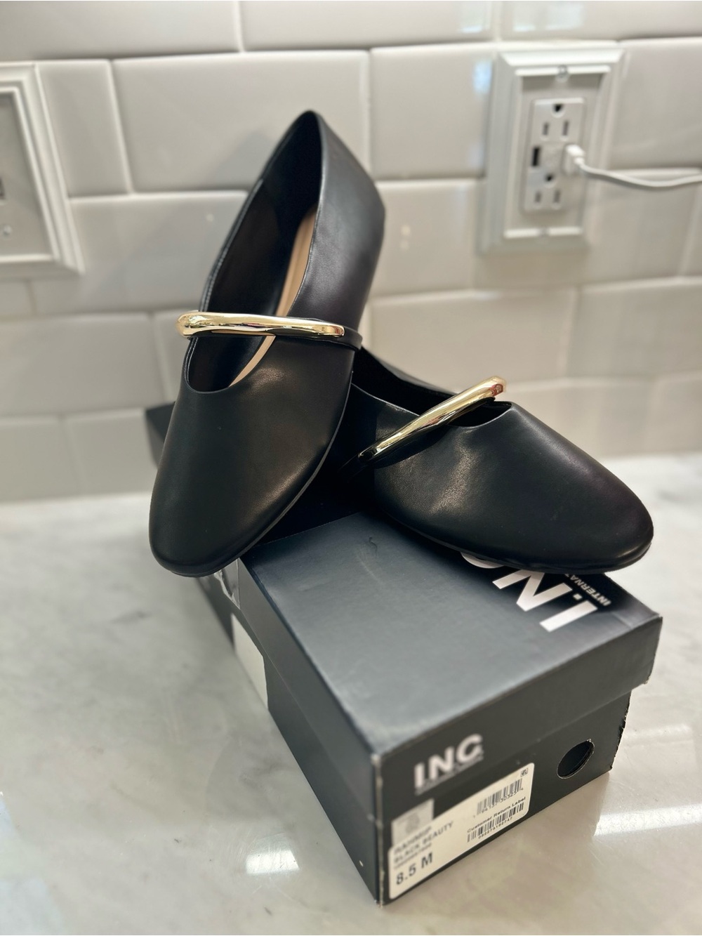 INC International Concepts Black Flats with Gold Bar